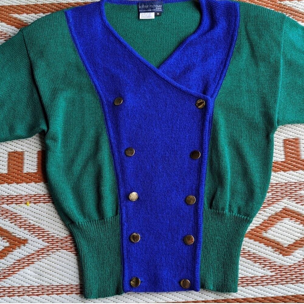 Kathryn Conover Sweater Top Puff Sleeves 80s Vintage Green Blue Women’s Size M - Picture 13 of 15